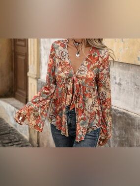 Floral Tie-Front Boho Blouse - Red Multi